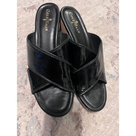 Cole Haan Nike Air Women Wedge Heel Slide Sandals Size 9 B Black Leather Strap X - Picture 2 of 6